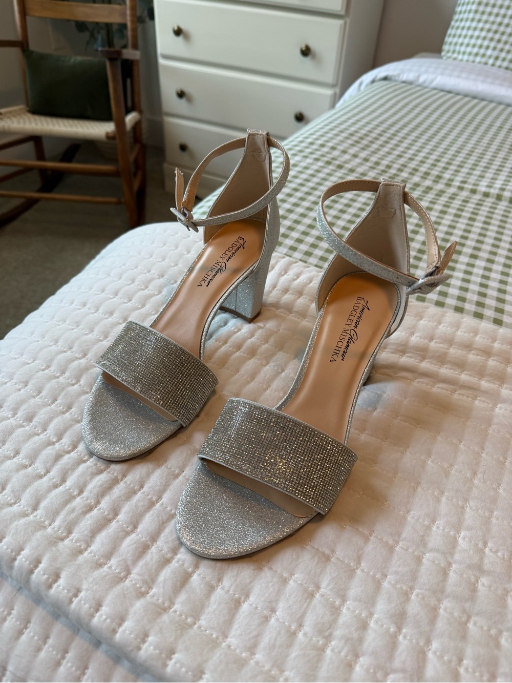 Badgley Mischka Silver Rhinestone Block Heel Sandals